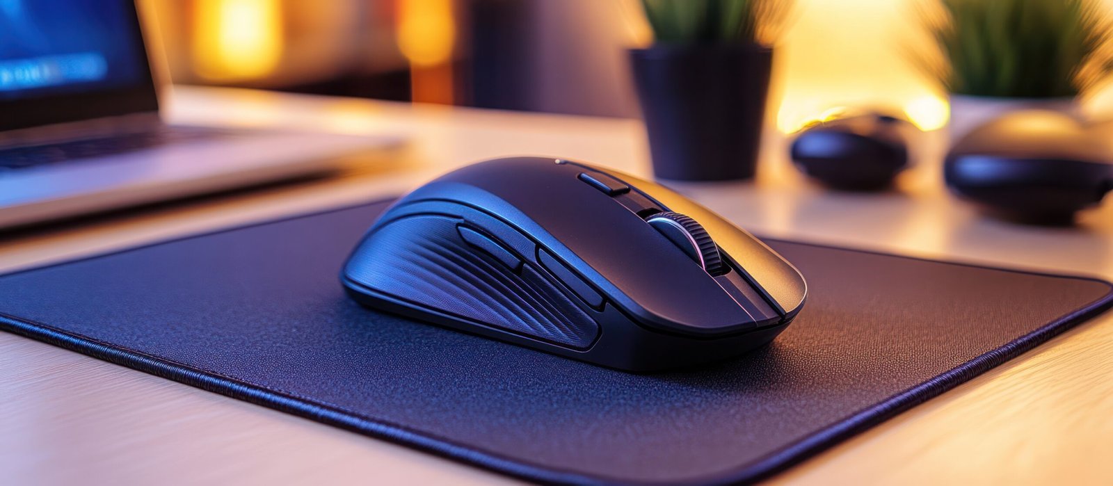 Wireless Mouse on Desk with Laptop